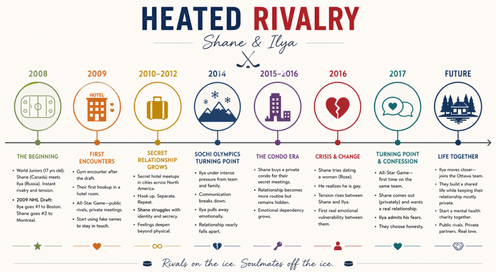 Heated Rivalry timeline of Shane & Ilya's relationship infographic
